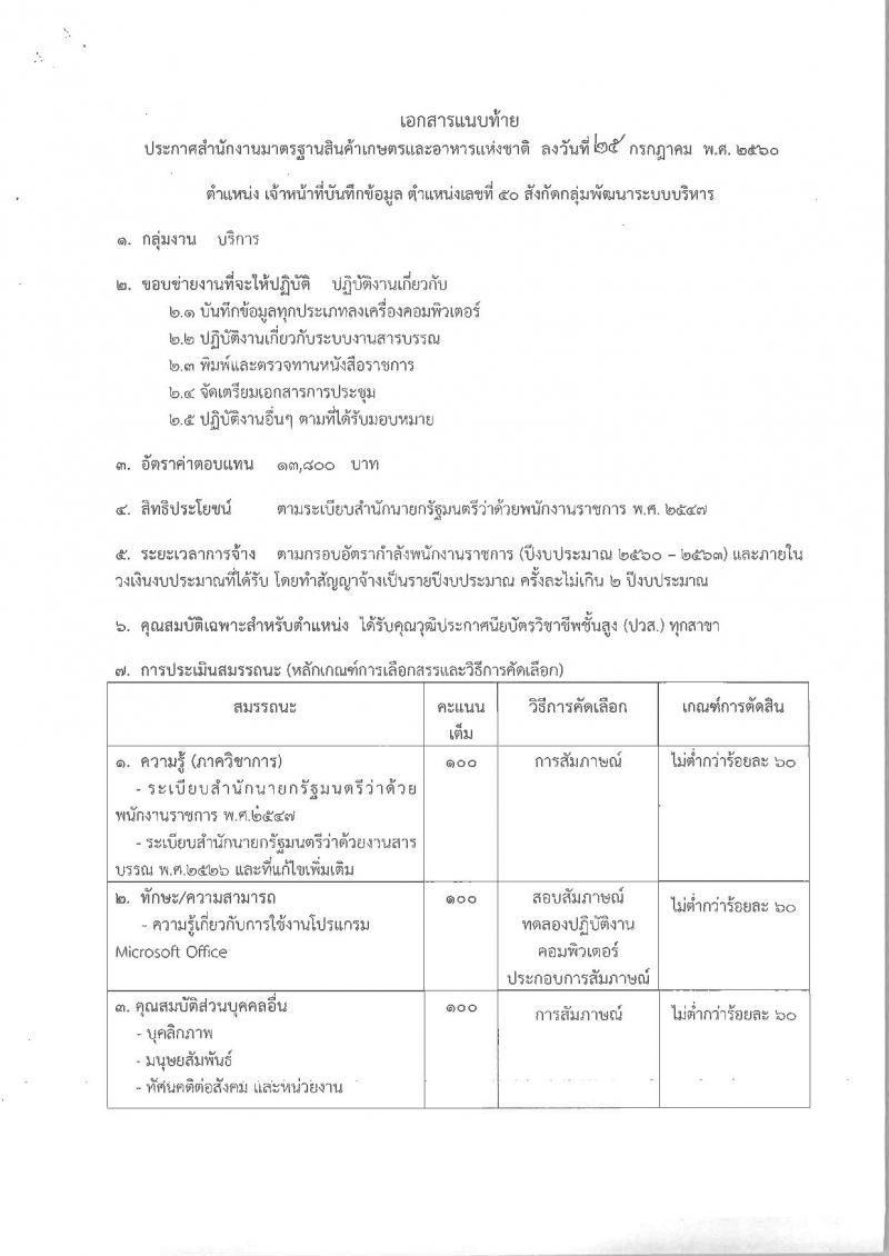 สำนักงานมาตรฐานสินค้าเกษตรและอาหารแห่งชาติ ประกาศรับสมัครบุคคลเพื่อเลือกสรรเป็นพนักงานราชการทั่วไป จำนวน 2 ตำแหน่ง 2 อัตรา (วุฒิ ปวส.) รับสมัครสอบตั้งแต่วันที่ 1-7 ส.ค. 2560