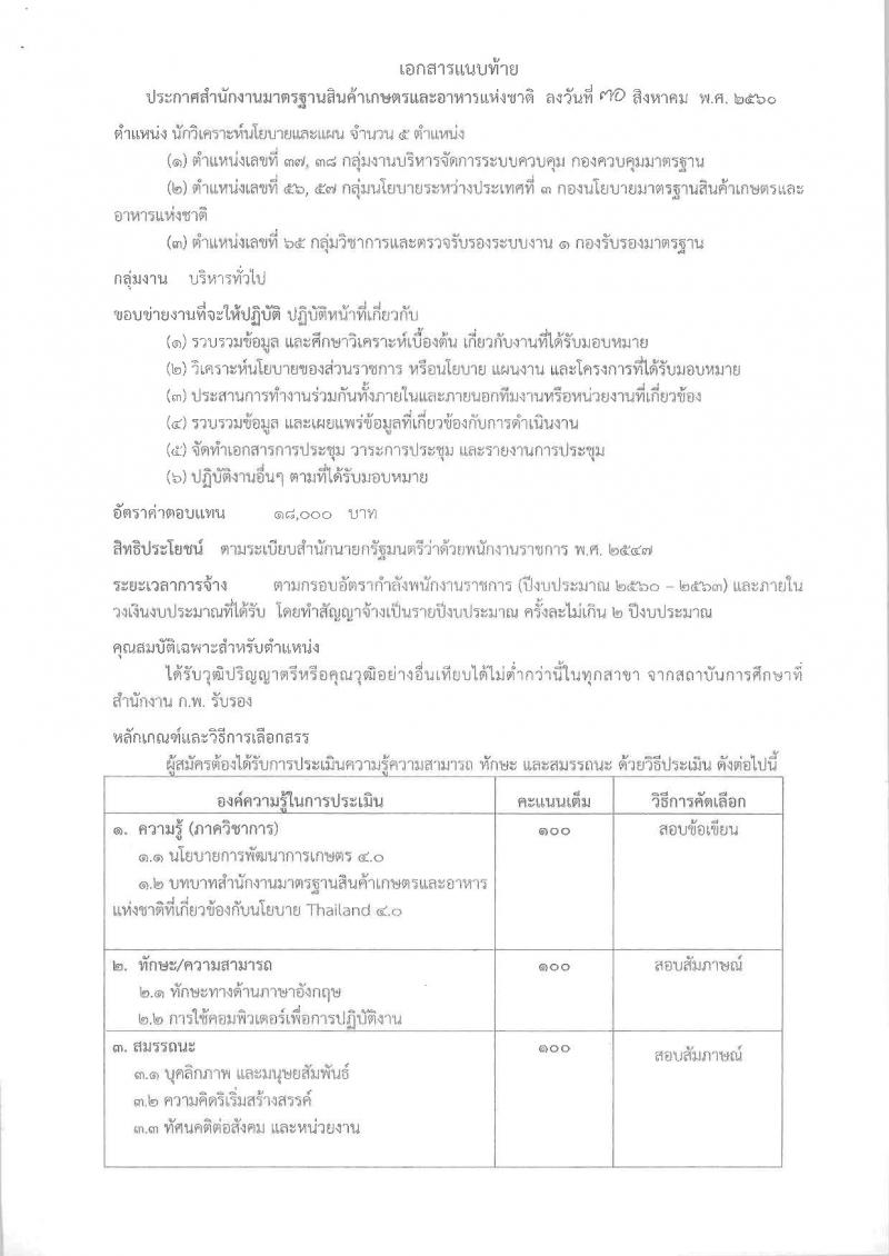 สำนักงานมาตรฐานสินค้าเกษตรและอาหารแห่งชาติ ประกาศรับสมัครบุคคลเพื่อเลือกสรรเป็นพนักงานราชการทั่วไป จำนวน 2 ตำแหน่ง 10 อัตรา (วุฒิ ป.ตรี) รับสมัครสอบตั้งแต่วันที่ 8-14 ก.ย. 2560
