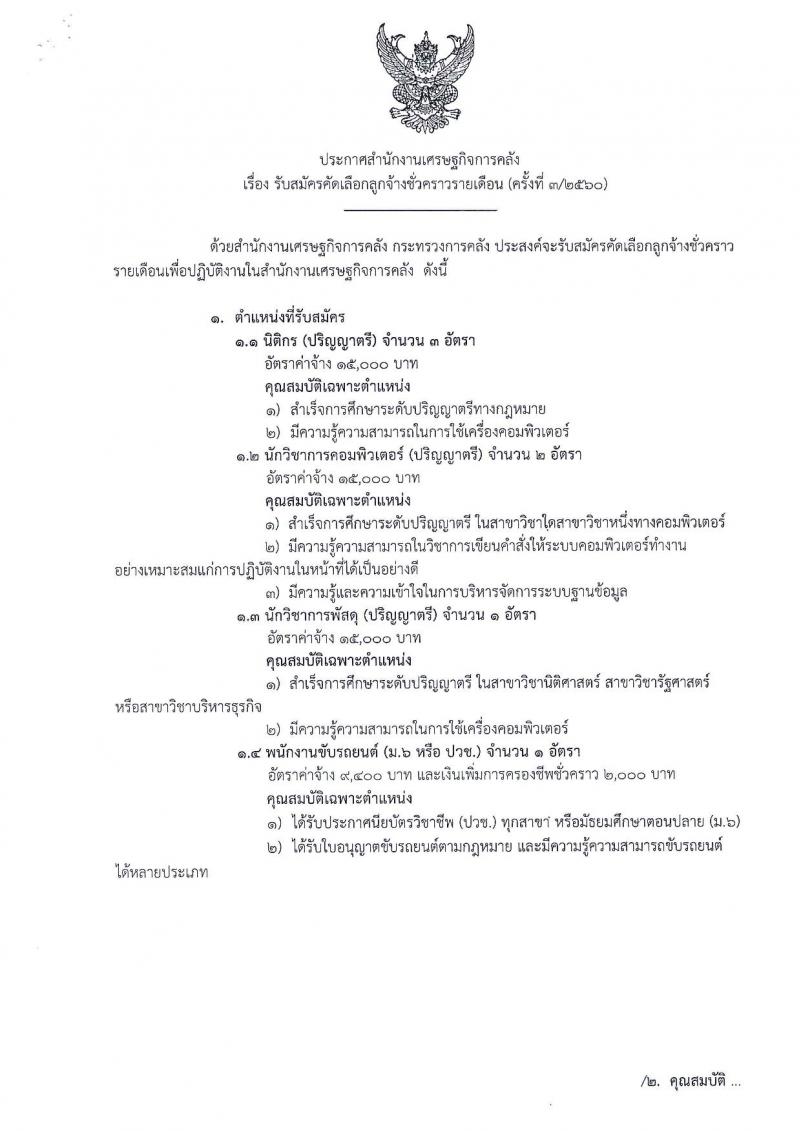 สำนักงานเศรษฐกิจการคลัง ประกาศรับสมัครคัดเลือกลูกจ้างชั่วคราวรายเดือน ครั้งที่ 3/2560 จำนวน 4 ตำแหน่ง 7 อัตรา (วุฒิ ม.ปลาย ปวช. ป.ตรี) รับสมัครสอบทางอินเทอร์เน็ต ตั้งแต่วันที่ 18-26 พ.ค. 2560