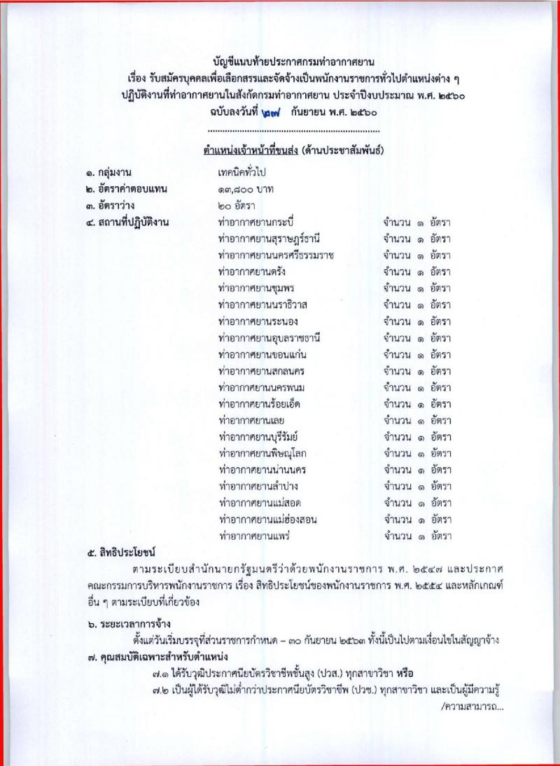 กรมท่าอากาศยาน ประกาศรับสมัครบุคคลเพื่อเลือกสรรและจัดจ้างเป็นพนักงานราชการทั่วไป จำนวน 7 ตำแหน่ง 173 อัตรา (วุฒิ ปวช. ปวส.) รับสมัครสอบตั้งแต่วันที่ 4 -13 ต.ค. 2560