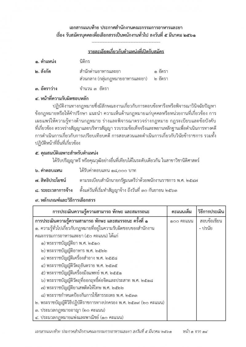 สำนักงานคณะกรรมการอาหารและยา ประกาศรับสมัครบุคคลเพื่อสอบคัดเลือกเป็นพนักงานราชการทั่วไป จำนวน 7 ตำแหน่ง 23 อัตรา (วุฒิ ป.ตรี) รับสมัคร ตั้งแต่วันที่ 19-23 มี.ค. 2561