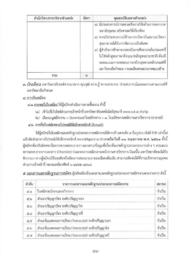 มหาวิทยาลัยเทคโนโลยีสุรนารี ประกาศรับสมัครคัดเลือกบุคคลเพื่อบรรจุและแต่งตั้งเป็นพนักงานสายวิชาการ จำนวน 8 อัตรา (วุฒิ ป.โท ป.เอก) รับสมัครสอบตั้งแต่บัดนี้ – 31 พ.ค. 2561