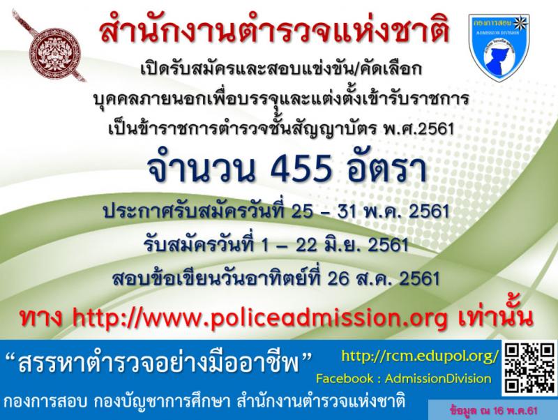 สำนักงานตำรวจแห่งชาติ ประกาศรับสมัครสอบแข่งขันบุคคลภายนอกเพื่อบรรจุและแต่งตั้งบุคคลเข้ารับราชการเป็นตำรวจชั้นสัญญาบัตร (ชายหญิง) จำนวน 455 อัตรา (วุฒิ ป.ตรี) รับสมัครสอบทางอินเทอร์เน็ต ตั้งแต่วันที่ 1-22 มิ.ย. 2561