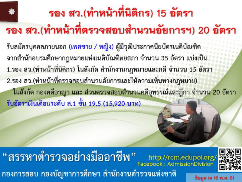 สำนักงานตำรวจแห่งชาติ ประกาศรับสมัครสอบแข่งขันบุคคลภายนอกเพื่อบรรจุและแต่งตั้งบุคคลเข้ารับราชการเป็นตำรวจชั้นสัญญาบัตร (ชายหญิง) จำนวน 455 อัตรา (วุฒิ ป.ตรี) รับสมัครสอบทางอินเทอร์เน็ต ตั้งแต่วันที่ 1-22 มิ.ย. 2561