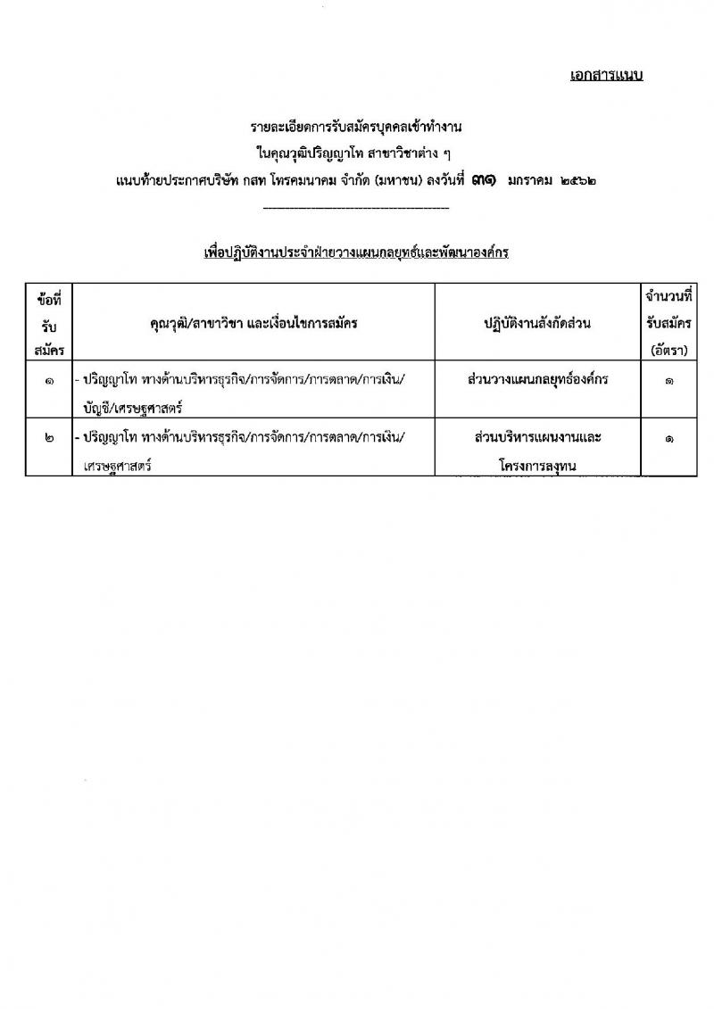 บริษัท กสท โทรคมนาคม จำกัด (มหาชน) รับสมัครบุคคลเข้าทำงาน จำนวน 2 อัตรา (วุฒิ ป.โท) รับสมัครสอบทางระบบใบสมัครอิเล็กทรอนิกส์ ตั้งแต่วันที่ 1-15 ก.พ. 2562