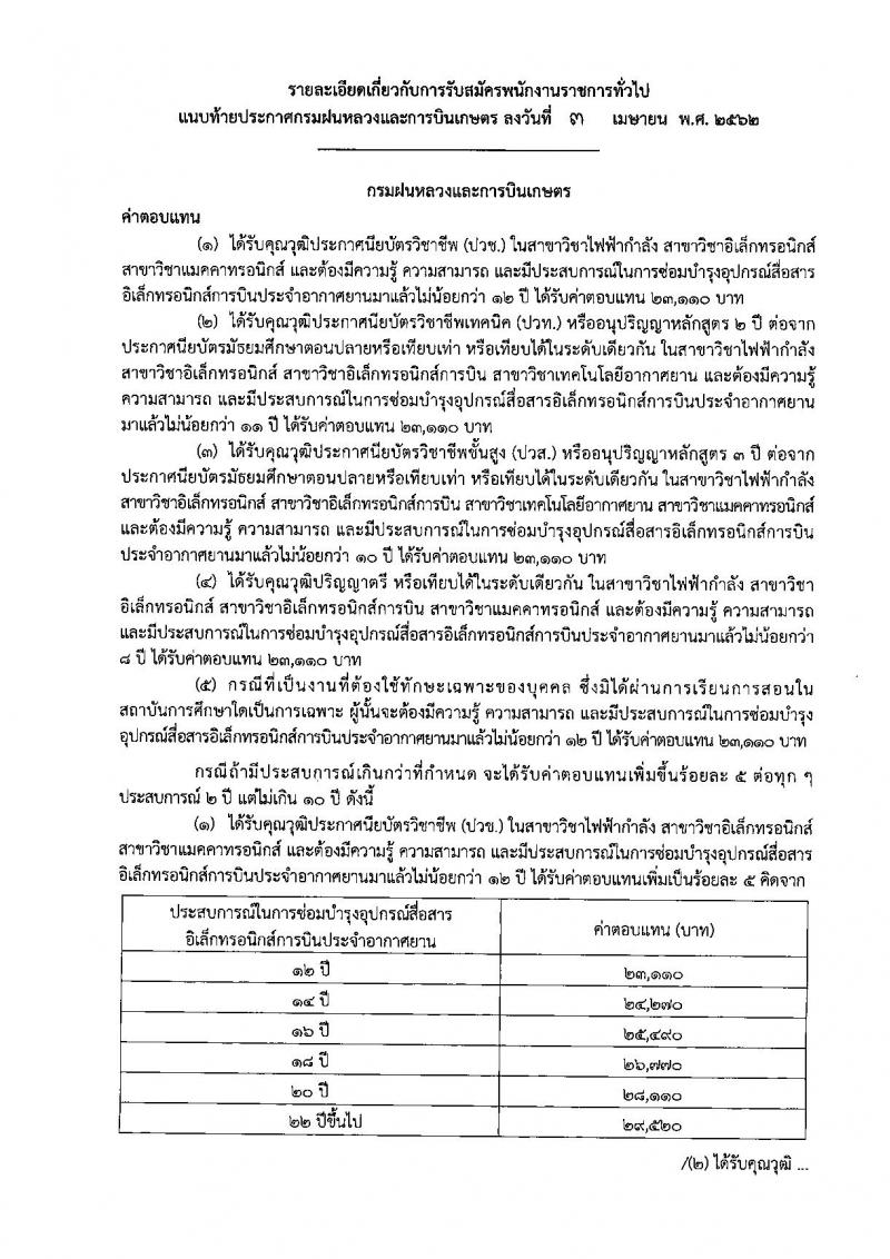 กรมฝนหลวงและการบินเกษตร รับสมัครบุคคลเพื่อเลือกสรรเป็นพนักงานราชการทั่วไป ตำแหน่งช่างอิเล็กทรอนิกส์การบิน จำนวน 3 ตำแหน่ง 5 อัตรา (วุฒิ ปวช. ปวส. ป.ตรี) รับสมัครสอบตั้งแต่วันที่ 17-23 เม.ย. 2562