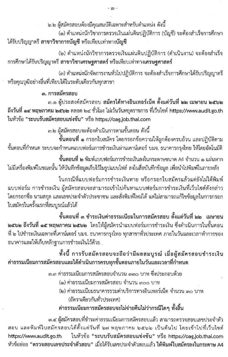สำนักงานการตรวจเงินแผ่นดิน รับสมัครสอบแข่งขันเพื่อบรรจุและแต่งตั้งบุคคลเข้ารับราชการ จำนวนครั้งแรก 3 ตำแหน่ง 100 อัตรา (วุฒิ ป.ตรี) รับสมัครสอบทางอินเทอร์เน็ต ตั้งแต่วันที่ 22 เม.ย. – 14 พ.ค. 2562