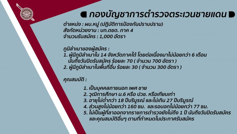 สำนักงานตำรวจแห่งชาติ รับสมัครสอบและคัดเลือกบุคคลภายนอกวุฒิ ม.ปลาย ปวช. เพื่อบรรจุเป็นนักเรียนนายสิบ จำนวน 2,700 อัตรา รับสมัครสอบทางอินเทอร์เน็ต ตั้งแต่วันวันที่ 22 เม.ย. – 1 พ.ค. 2562