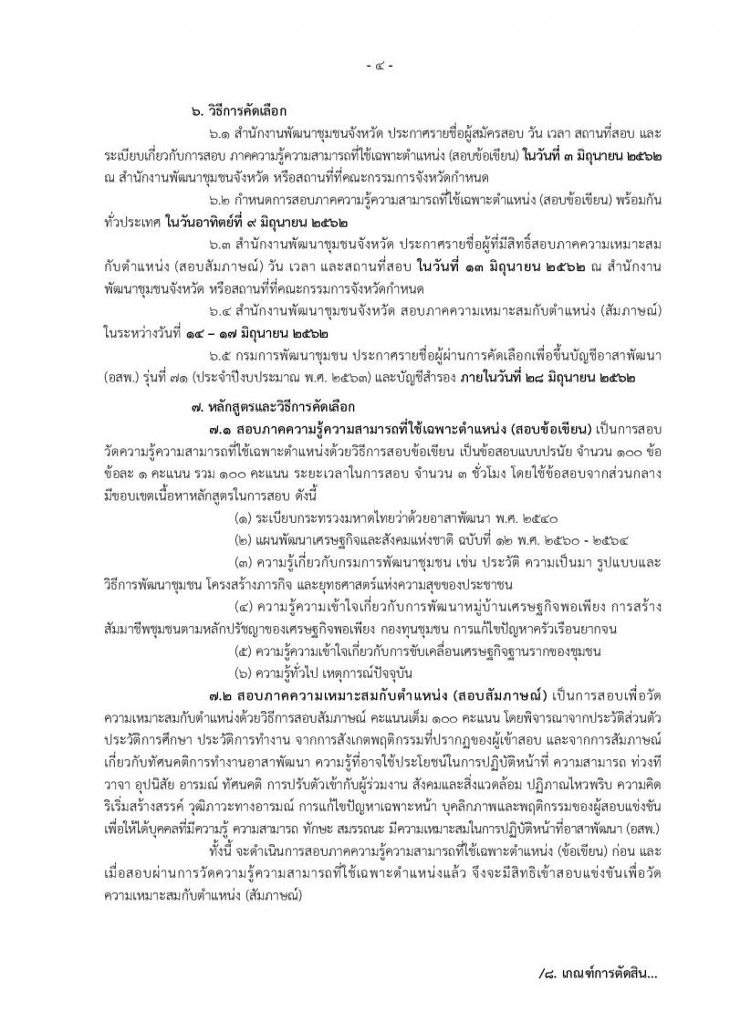 กรมการพัฒนาชุมชน รับสมัครบุคคลเพื่อแต่งตั้งเป็นอาสาพัฒนา (อสพ.) รุ่นที่ 71 ปีงบประมาณ 2562 จำนวน 200 อัตรา (วุฒิ ป.ตรี) สำรับวันเดือนปีที่รับสมัคร สามารถดูได้ที่สำนักงานพัฒนาชุมชนจังหวัด