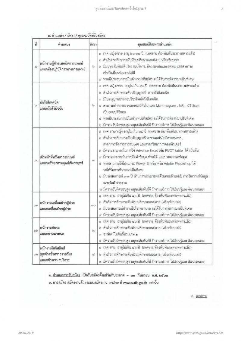 โรงพยาบาลมหาวิทยาลัยเทคโนโลยีสุรนารี รับสมัครพนักงานประจำวิสาหกิจ จำนวน 11 ตำแหน่ง 62 อัตรา (วุฒิ ม.ปลาย ปวช. ป.ตรี) รับสมัครสอบตั้งแต่วันที่บัดนี้ – 11 ก.ย. 2562