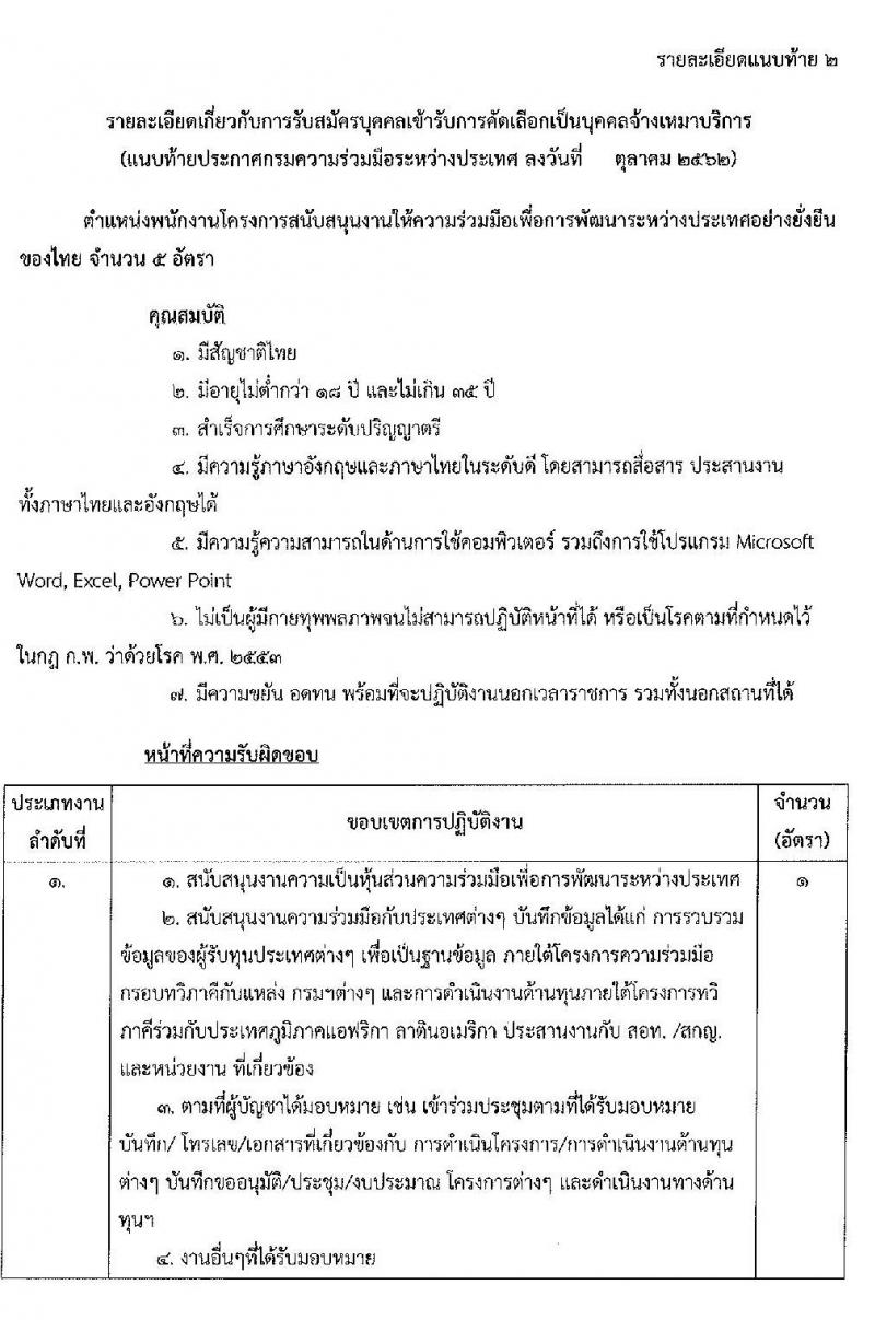กรมความร่วมมือระหว่างประเทศ รับสมัครบุคคลเข้ารับการคัดเลือกเป็นบุคคลจ้างเหมาบริการ จำนวน 4 ตำแหน่ง 9 อัตรา (วุฒิ ม.ปลาย ปวช. ปวส. ป.ตรี) รับสมัครสอบตั้งแต่วันที่ 4-21 ต.ค. 2562
