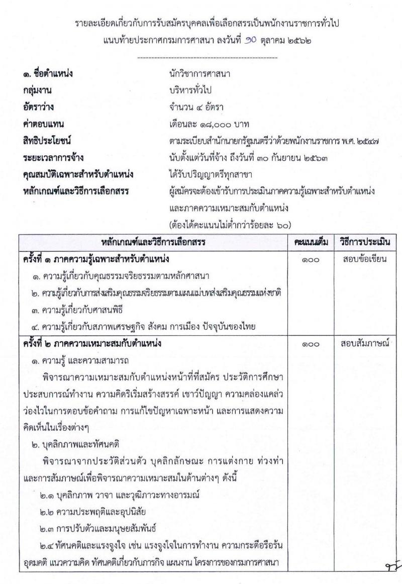 กรมการศาสนา รับสมัครบุคคลเพื่อเลือกสรรเป็นพนักงานราชการทั่วไป จำนวน 4 อัตรา (วุฒิ ป.ตรี) รับสมัครสอบตั้งแต่วันที่ 15-25 ต.ค. 2562