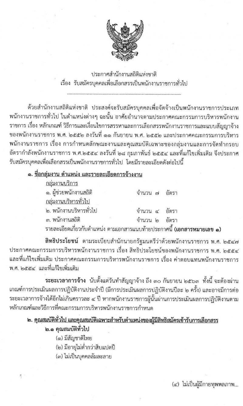 สำนักงานสถิติแห่งชาติ รับสมัครบุคคลเพื่อเลือกสรรเป็นพนักงานราชการทั่วไป จำนวน 4 ตำแหน่ง 13 อัตรา (วุฒิ ปวช. ป.ตรี) รับสมัครสอบทางอินเทอร์เน็ต ตั้งแต่วันที่ 1-11 พ.ย. 2562