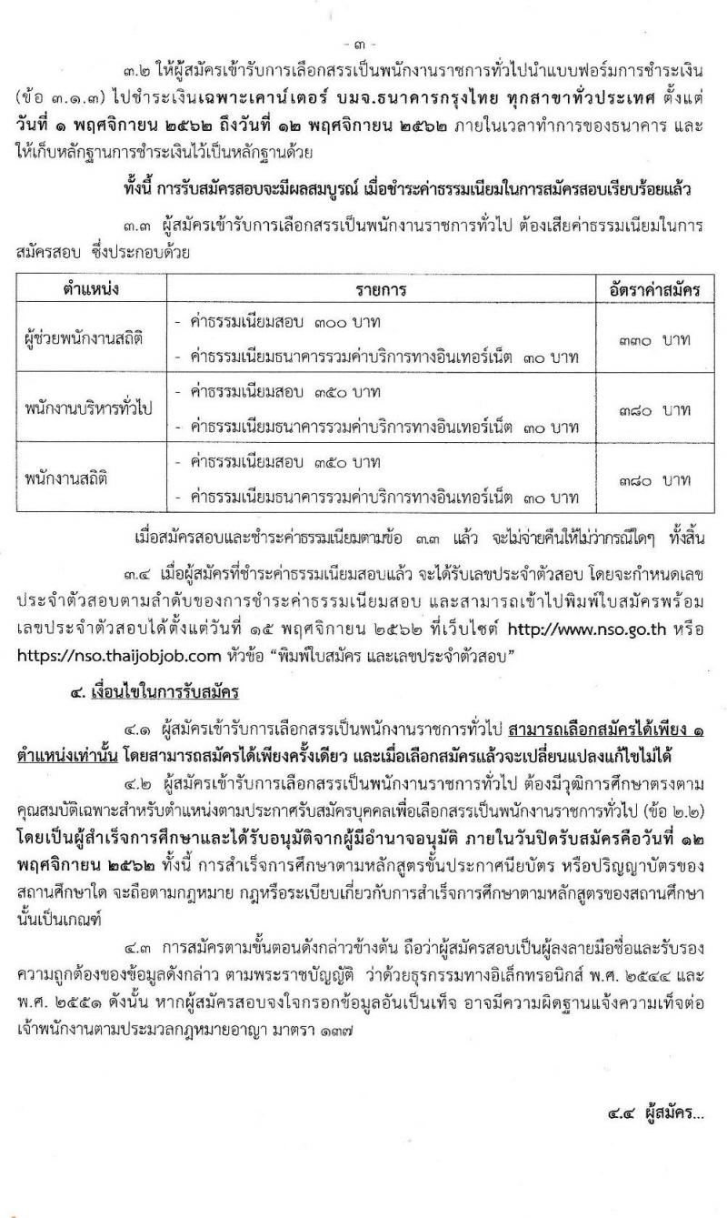 สำนักงานสถิติแห่งชาติ รับสมัครบุคคลเพื่อเลือกสรรเป็นพนักงานราชการทั่วไป จำนวน 4 ตำแหน่ง 13 อัตรา (วุฒิ ปวช. ป.ตรี) รับสมัครสอบทางอินเทอร์เน็ต ตั้งแต่วันที่ 1-11 พ.ย. 2562