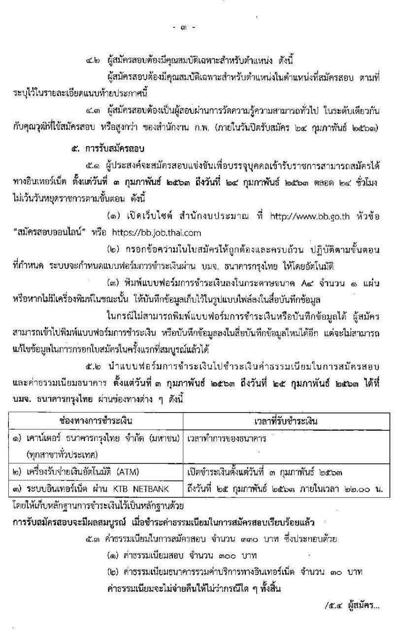 สำนักงานงบประมาณ รับสมัครแข่งขันเพื่อบรรจุและแต่งตั้งบุคคลเข้ารับราชการในตำแหน่งเจ้าพนักงานธุรการปฏิบัติ จำนวนครั้งแรก 6 อัตรา (วุฒิ ปวส. หรือเทียบเท่า) รับสมัครสอบทางอินเทอร์เน็ต ตั้งแต่วันที่ 3-24 ก.พ. 2563