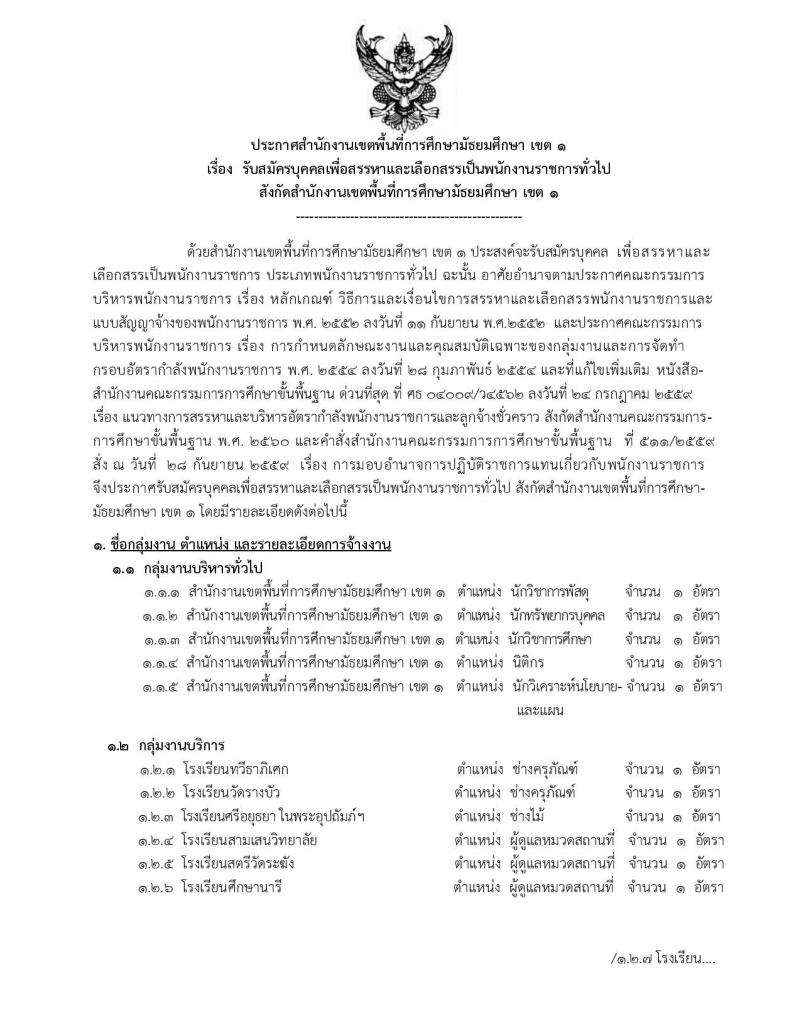 สำนักงานเขตพื้นที่การศึกษามัธยมศึกษา เขต 1 (กรุงเทพมหานคร) รับสมัครบุคคลเพื่อเลือกสรรเป็นพนักงานราชการทั่วไป จำนวน 2 กลุ่มงาน  23 อัตรา (วุฒิ ปวช. ปวส. ป.ตรี) รับสมัครสอบตั้งแต่วันที่ 13-19 ก.พ. 2563