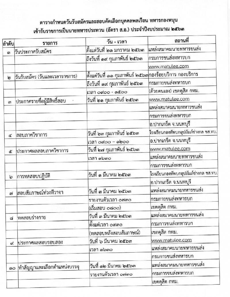 กรมการขนส่งทหารบก รับสมัครบุคคลพลเรือนหรือทหารกองหนุน เข้ารับราชการ (อัตราสิบเอก) จำนวน 2 กลุ่มงาน 5 อัตรา (วุฒิ ม.ปลาย ปวช.) รับสมัครตั้งแต่วันที่ 11-19 ก.พ. 2563