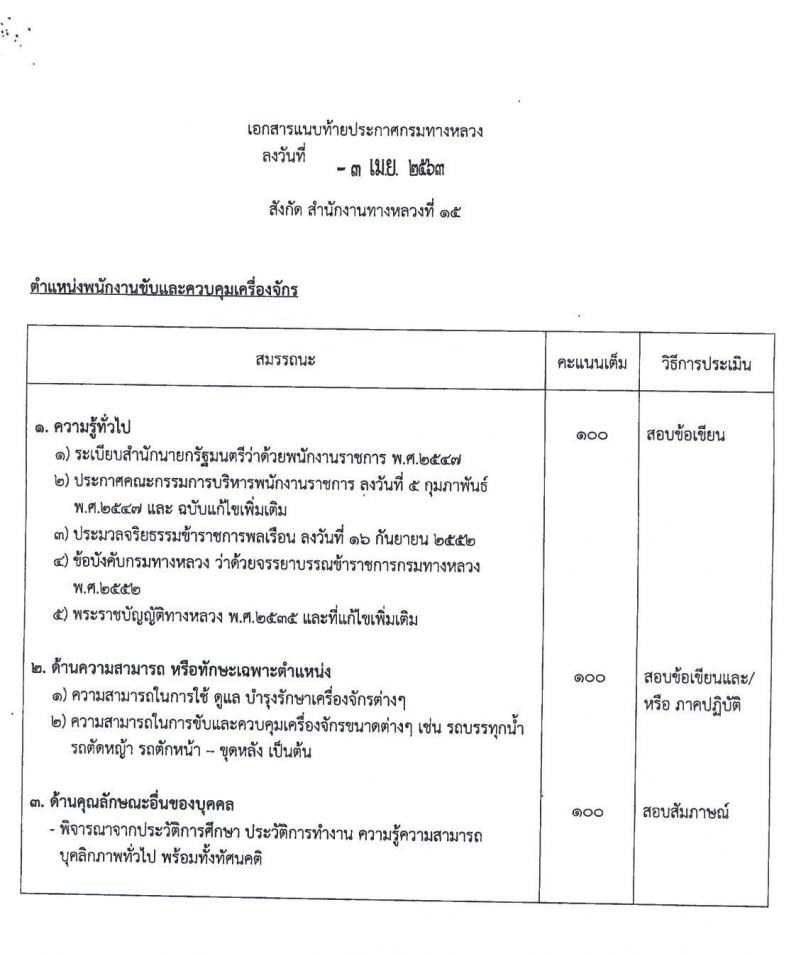 สำนักงานทางหลวงที่ 15 (ประจวบคีรีขันธ์) รับสมัครบุคคลเพื่อสรรหาและเลือกสรรเป็นพนักงานราชการทั่วไป จำนวน 18 อัตรา (วุฒิ ปวช. ปวท. ปวส.) รับสมัครสอบตั้งแต่วันที่ 21-27 เม.ย. 2563