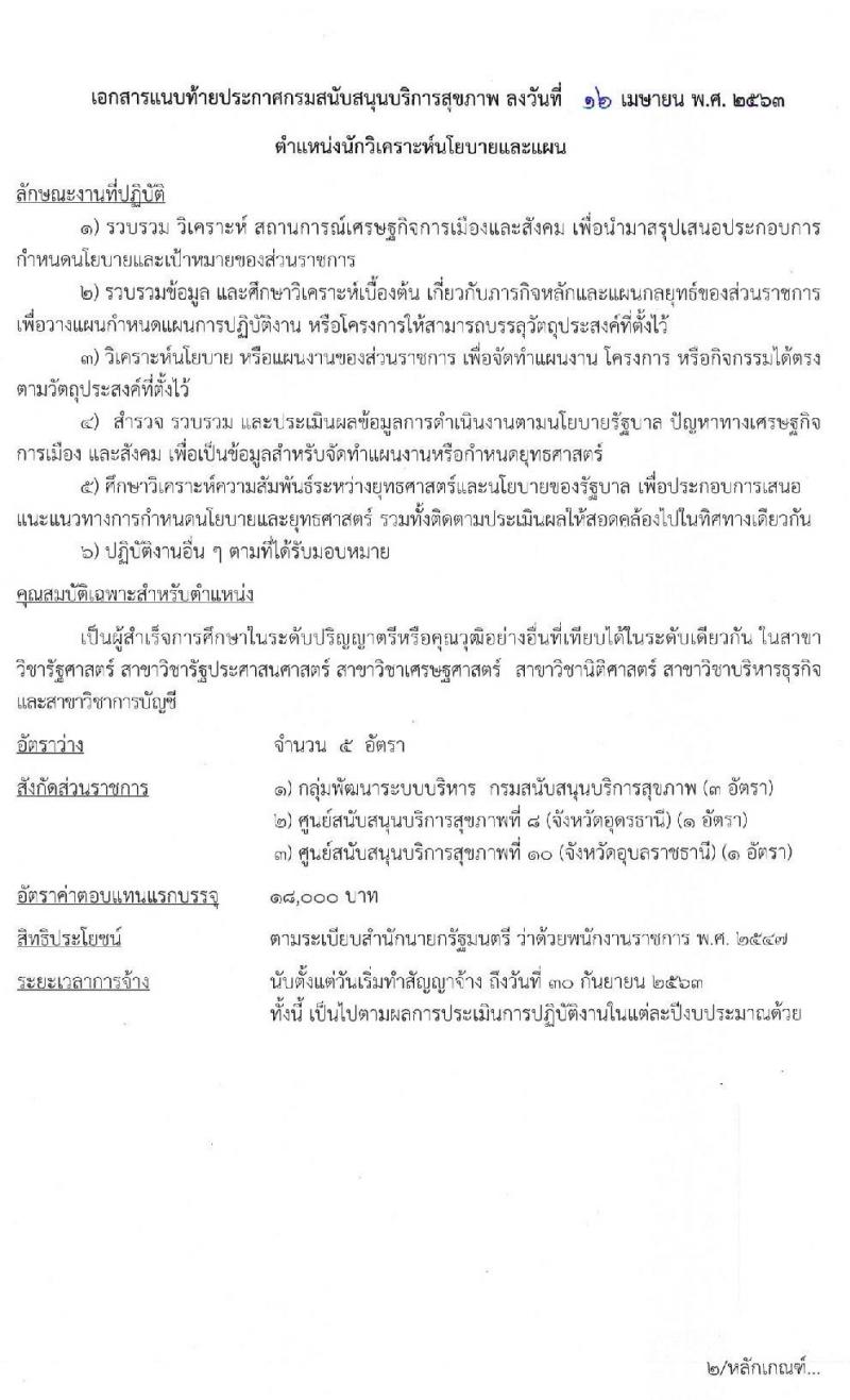 กรมสนับสนุนบริการสุขภาพ รับสมัครบุคคลเพื่อเลือกสรรเป็นพนักงานราชการทั่วไป ตำแหน่ง นักวิเคราะห์นโยบายและแผน จำนวน 5 อัตรา (วุฒิ ป.ตรี) รับสมัครสอบทางอินเทอร์เน็ต ตั้งแต่วันที่ 24 เม.ย. – 12 พ.ค. 2563