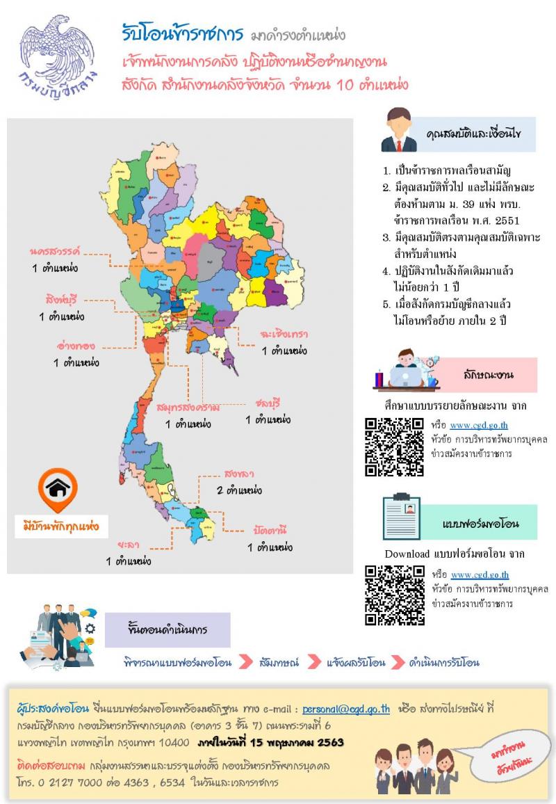 กรมบัญชีกลาง รับโอนข้าราชการ จำนวน 3 ตำแหน่ง 61 อัตรา ตำแหน่งระดับปฏิบัติงาน ชำนาญงาน ปฏิบัติการ ชำนาญการ รับสมัครตั้งแต่บัดนี้ ถึง 15 พ.ค. 2563