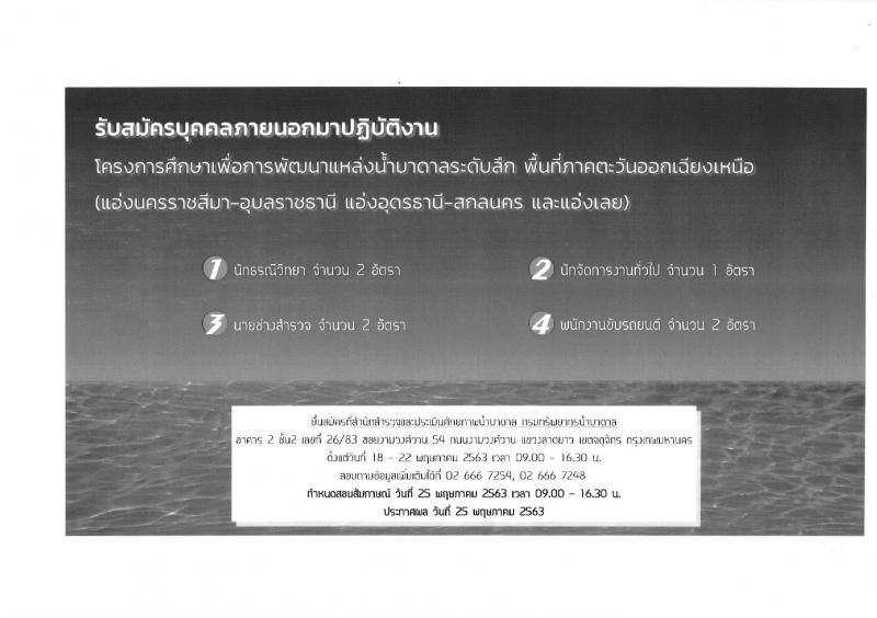 โครงการศึกษาเพื่อการพัฒนาแหล่งน้ำบาดาลระดับลึก พื้นที่ภาคตะวันออกเฉียงเหนือ รับสมัครบุคคลภายนอกมาปฏิบัติงาน จำนวน 4 ตำแหน่ง 7 อัตรา (วุฒิ ป. 6 ขึ้นไป ปวส. ป.ตรี) รับสมัครตั้งแต่วันที่ 18-22 พ.ค. 2563