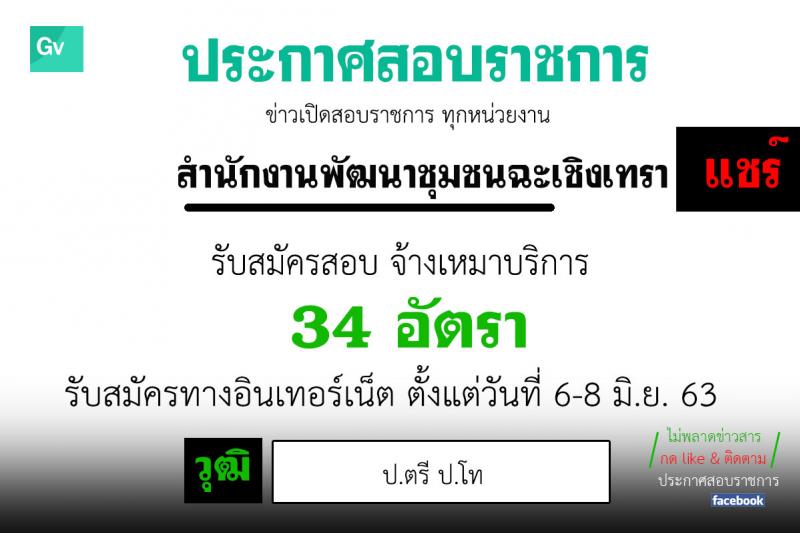 สำนักงานพัฒนาชุมชนจังหวัดฉะเชิงเทรา รับสมัครบุคคลเป็นพนักงานจ้างเหมาบริการ ตำแหน่ง บัณฑิตอาสา จำนวน 34 อัตรา (วุฒิ ป.ตรี ป.โท) รับสมัครตั้งแต่วันที่ 6-8 มิ.ย. 2563