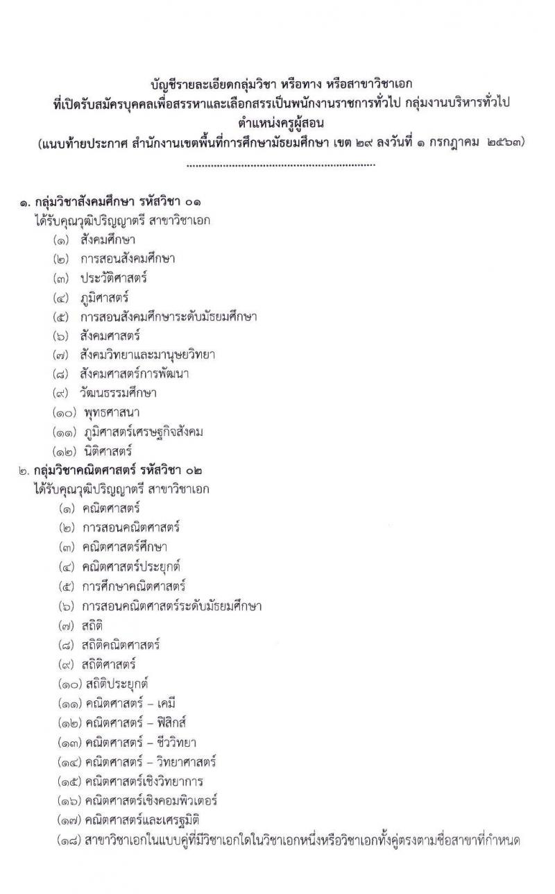 สำนักงานเขตพื้นที่การศึกษามันธยมศึกษา เขต 29 รับสมัครคัดเลือกบุคคลเพื่อสรรหาและเลือกสรรเป็นพนักงานราชการ ตำแหน่ง ครูผู้สอน จำนวน 11 สาขา 11 อัตรา (วุฒิ ป.ตรี ทางการศึกษา) รับสมัครสอบตั้งแต่วันที่ 13-17 ก.ค. 2563