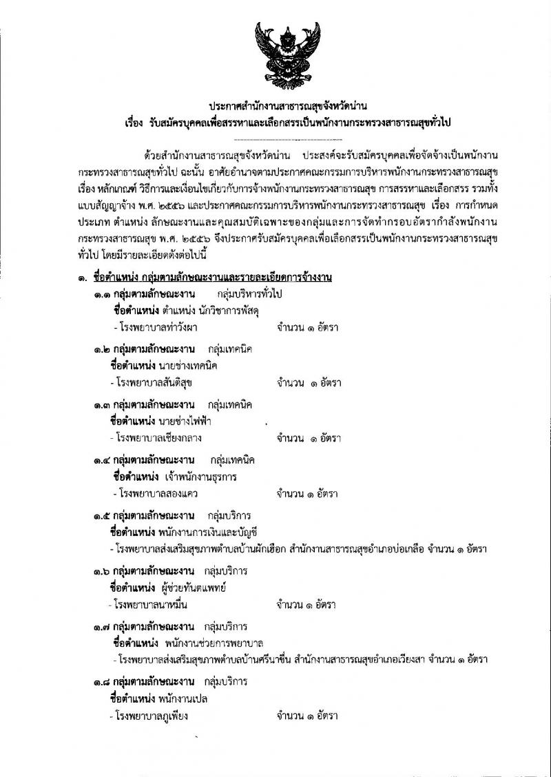 สำนักงานสาธารณสุขจังหวัดน่าน รับสมัครบุคคลเพื่อสรรหาและเลือกสรรเป็นพนักงานกระทรวงสาธารณสุขทั่วไป จำนวน 11 กลุ่มงาน 18 อัตรา (วุฒิ ม.ต้น ม.ปลาย ปวช. ปวส. ป.ตรี) รับสมัครสอบตั้งแต่วันที่ 13-17 ก.ค. 2563