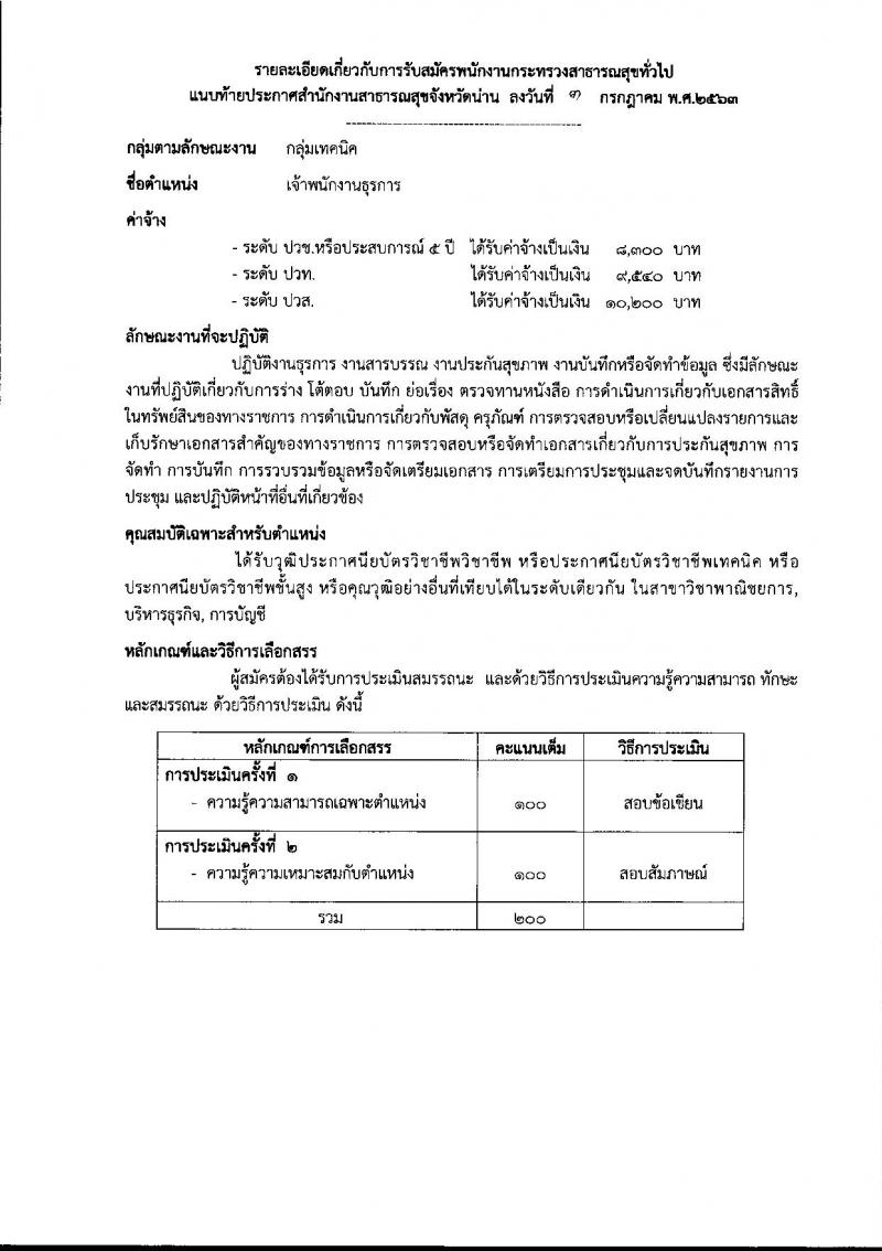 สำนักงานสาธารณสุขจังหวัดน่าน รับสมัครบุคคลเพื่อสรรหาและเลือกสรรเป็นพนักงานกระทรวงสาธารณสุขทั่วไป จำนวน 11 กลุ่มงาน 18 อัตรา (วุฒิ ม.ต้น ม.ปลาย ปวช. ปวส. ป.ตรี) รับสมัครสอบตั้งแต่วันที่ 13-17 ก.ค. 2563