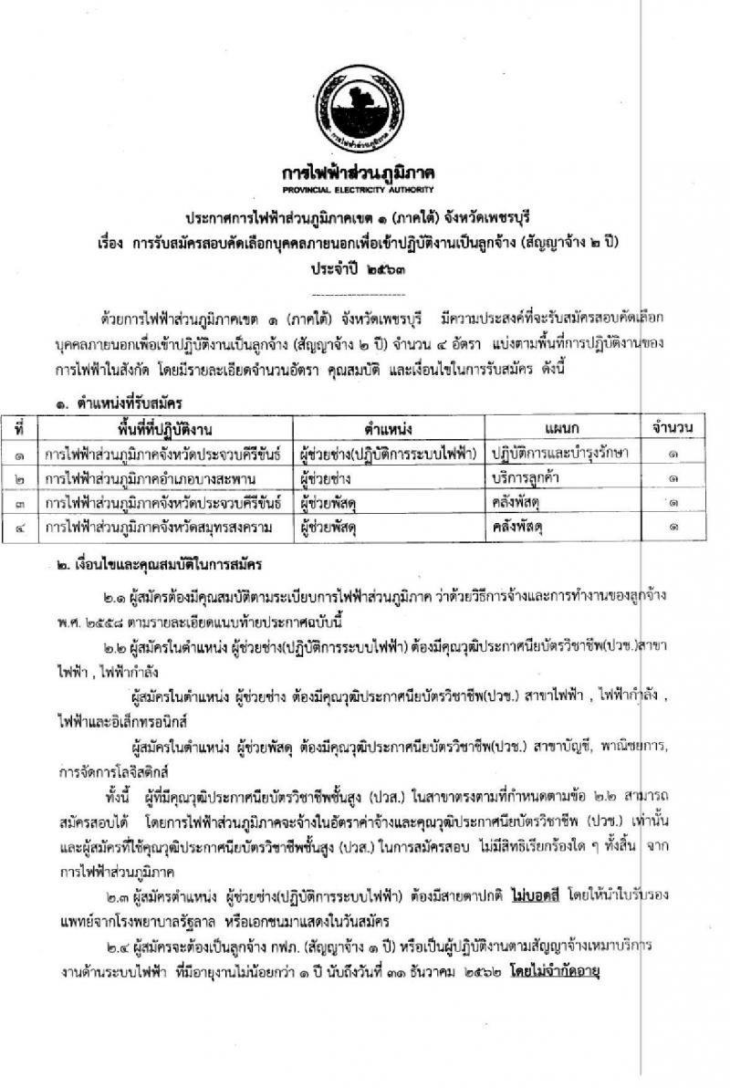 การไฟฟ้าส่วนภูมิภาคเขต 1 (ภาคใต้) รับสมัครสอบคัดเลือกบุคคลภายนอกเพื่อเข้าปฏิบัติงานเป็นลูกจ้าง จำนวน 16 อัตรา (วุฒิ ปวช. ปวส.) รับสมัครสอบตั้งแต่วันที่ 25-27 พ.ย. 2563