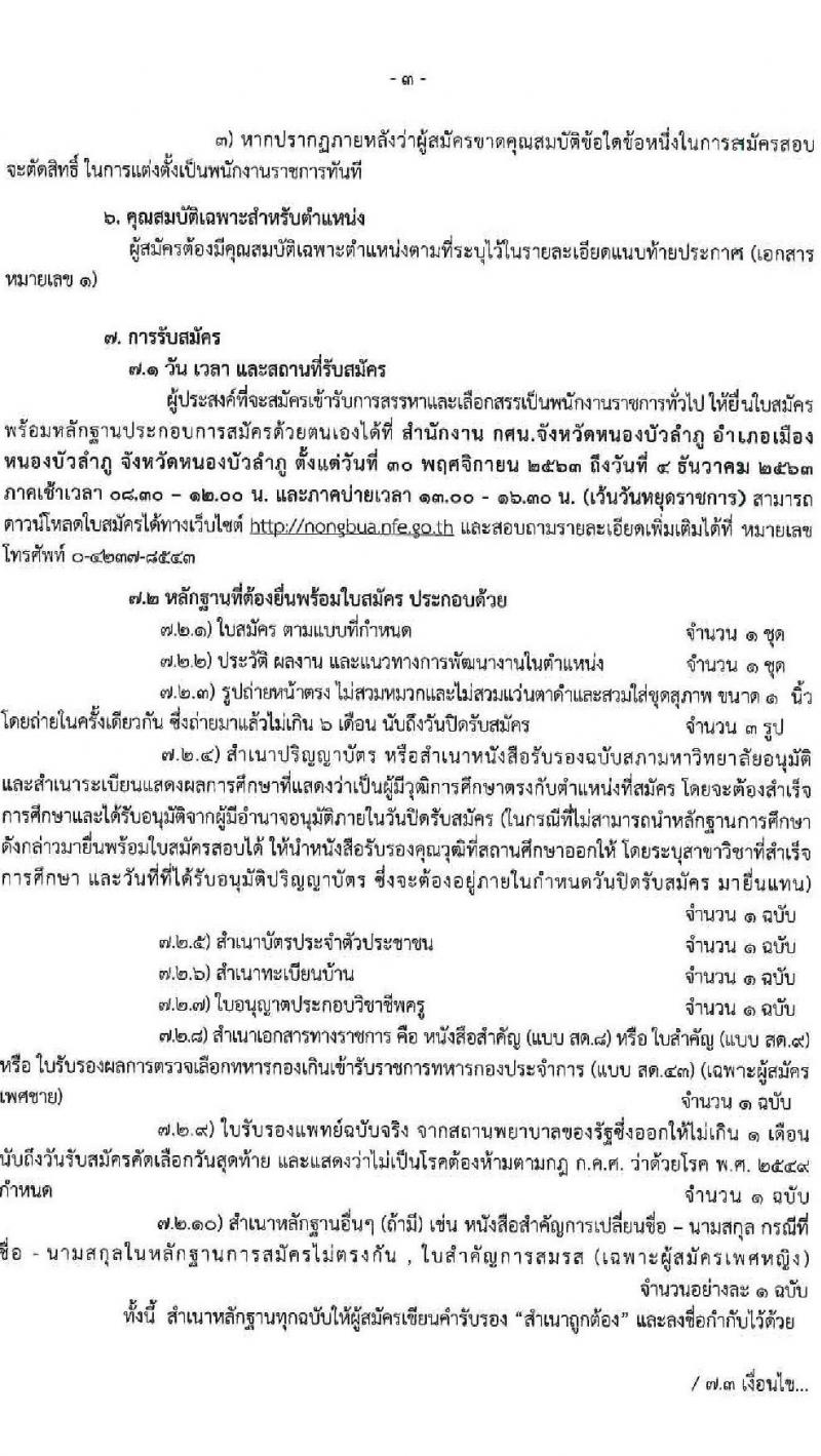 สำนักงานส่งเสริมการศึกษานอกระบบและการศึกษาตอนอัธยาศัยจังหวัดหนองบัวลำภู รับสมัครบุคคลเพื่อสรรและเลือกสรรเป็นพนักงานราชการทั่วไป จำนวน 7 อัตรา (วุฒิ ป.ตรี) รับสมัครสอบตั้งแต่วันที่ 30 พ.ย. – 4 ธ.ค. 2563