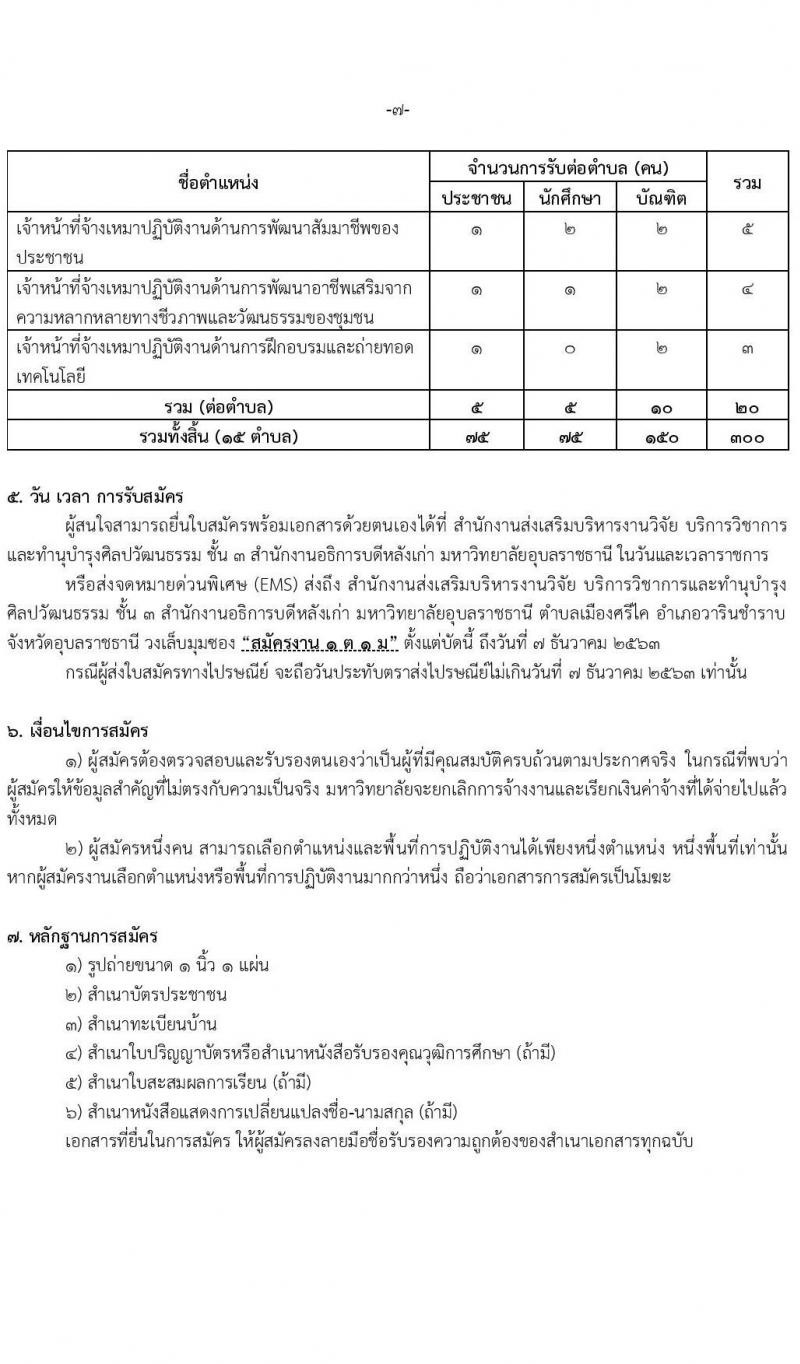 มหาวิทยาลัยอุบลราชธานี รับสมัครบุคคลเพื่อจ้างเหมาปฏิบัติงาน ตามโครงการยกระดับเศรษฐกิจและสังคมรายตำบล (1 ตำบล 1 มหาวิทยาลัย) จำนวน 300 อัตรา (ประชาชนทั่วไป นักศึกษา  บัณฑิตจบใหม่) รับสมัครสอบตั้งแต่บัดนี้ – 7 ธ.ค. 2563