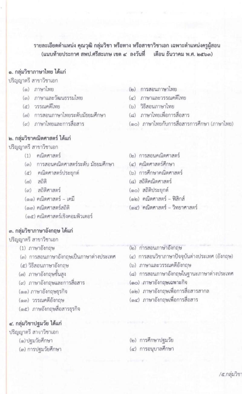 สำนักงานเขตพื้นที่การศึกษาประถมศึกษาศรีสะเกษ เขต 4 รับสมัครบุคคลเพื่อสรรหาและเลือกสรรเป็นพนักงานราชการทั่วไป จำนวน 12 อัตรา ตำแหน่งครูผู้สอน (วุฒิ ไม่ต่ำกว่า ป.ตรี) รับสมัครสอบตั้งแต่วันที่ 16-22 ธ.ค. 2563