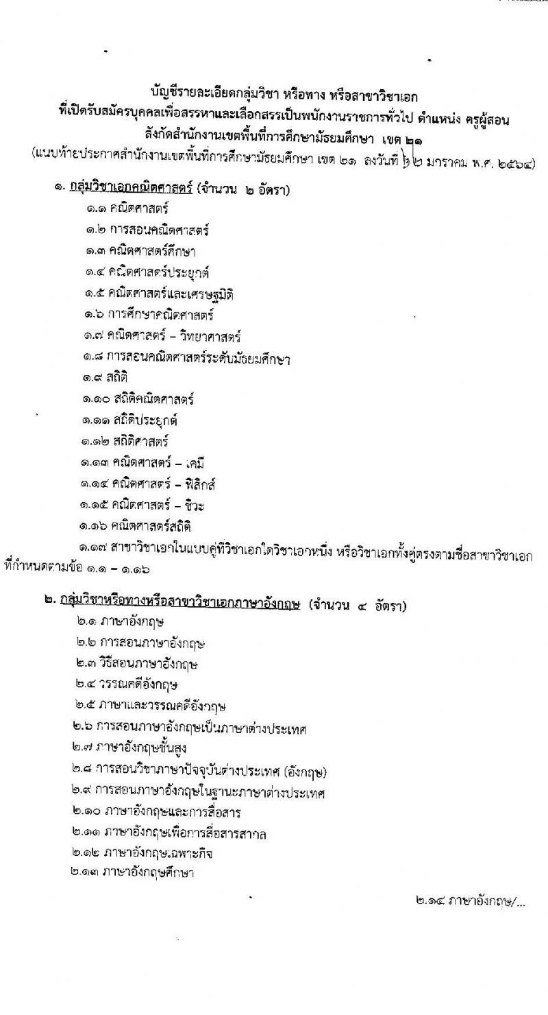 สำนักงานเขตพื้นที่การศึกษามัธยมศึกษา เขต 21 รับสมัครบุคคลเพื่อสรรหาและเลือกสรรเป็นพนักงานราชการทั่วไป จำนวน 6 วิชาเอก 10 อัตรา (วุฒิ ป.ตรี ทางการศึกษา) รับสมัครสอบตั้งแต่วันที่ 8-16 ก.พ. 2564