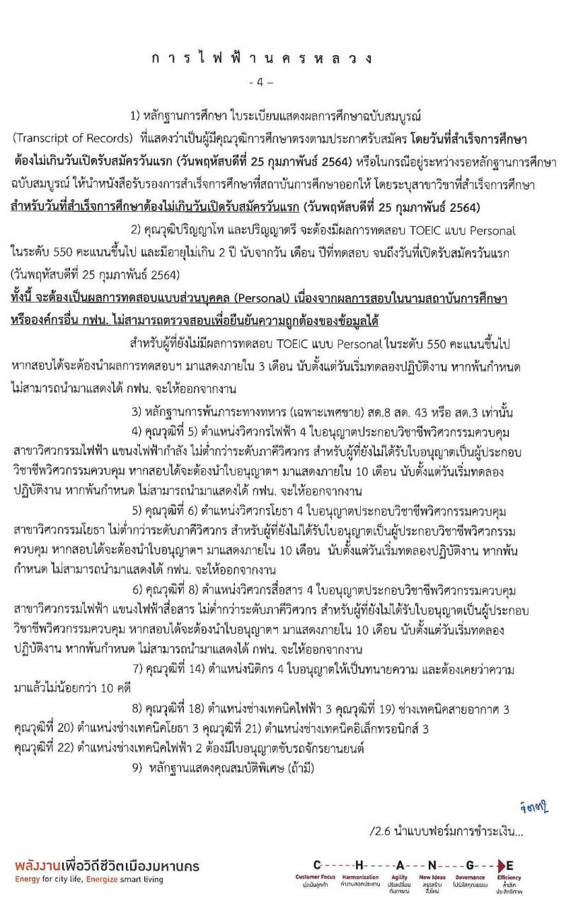 การไฟฟ้านครหลวง รับสมัครสอบคัดเลือกเพื่อบรรจุและแต่งตั้งบุคคลเป็นพนักงาน จำนวน 22 คุณวุฒิ 141 อัตรา (วุฒิ ปวช. ปวส. ป.ตรี ป.โท) รับสมัครสอบทางอินเทอร์เน็ต ตั้งแต่วันที่ 25 ก.พ. – 3 มี.ค. 2564
