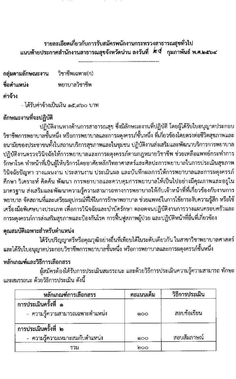 สำนักงานสาธารสุขจังหวัดน่าน รับสมัครบุคคลเพื่อสรรหาและเลือกสรรเป็นพนักงานกระทรวงสาธารณสุขทั่วไป จำนวน 10 ตำแหน่ง 18 อัตรา (วุฒิ ม.ต้น ม.ปลาย ปวช. ปวส. ป.ตรี) รับสมัครสอบตั้งแต่วันที่ 4-10 มี.ค. 2564