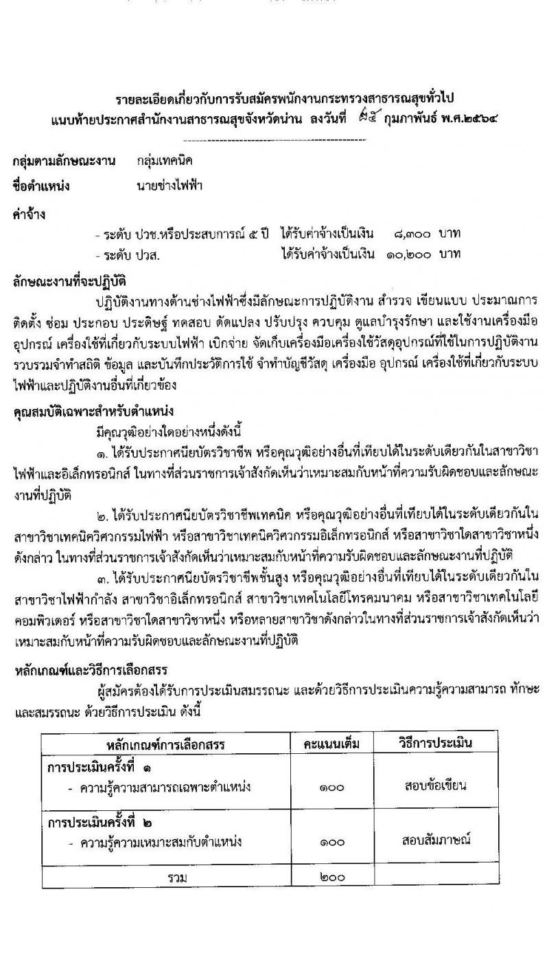 สำนักงานสาธารสุขจังหวัดน่าน รับสมัครบุคคลเพื่อสรรหาและเลือกสรรเป็นพนักงานกระทรวงสาธารณสุขทั่วไป จำนวน 10 ตำแหน่ง 18 อัตรา (วุฒิ ม.ต้น ม.ปลาย ปวช. ปวส. ป.ตรี) รับสมัครสอบตั้งแต่วันที่ 4-10 มี.ค. 2564