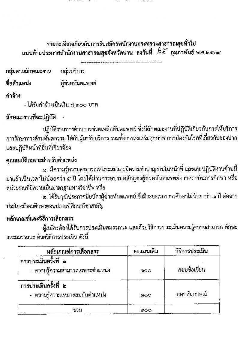 สำนักงานสาธารสุขจังหวัดน่าน รับสมัครบุคคลเพื่อสรรหาและเลือกสรรเป็นพนักงานกระทรวงสาธารณสุขทั่วไป จำนวน 10 ตำแหน่ง 18 อัตรา (วุฒิ ม.ต้น ม.ปลาย ปวช. ปวส. ป.ตรี) รับสมัครสอบตั้งแต่วันที่ 4-10 มี.ค. 2564