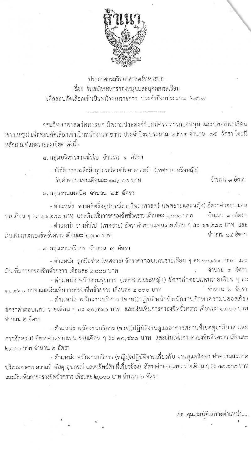 กรมวิทยาศาสตร์ทหารบก รับสมัครทหารกองหนุนและบุคคลพลเรือน เพื่อสอบตัดเลือกเข้าเป็นพนักงานราชการ จำนวน 35 อัตรา (วุฒิ ม.3 ขึ้นไป ปวช. ป.ตรี) รับสมัครสอบตั้งแต่วันที่ 1-9 เม.ย. 2564