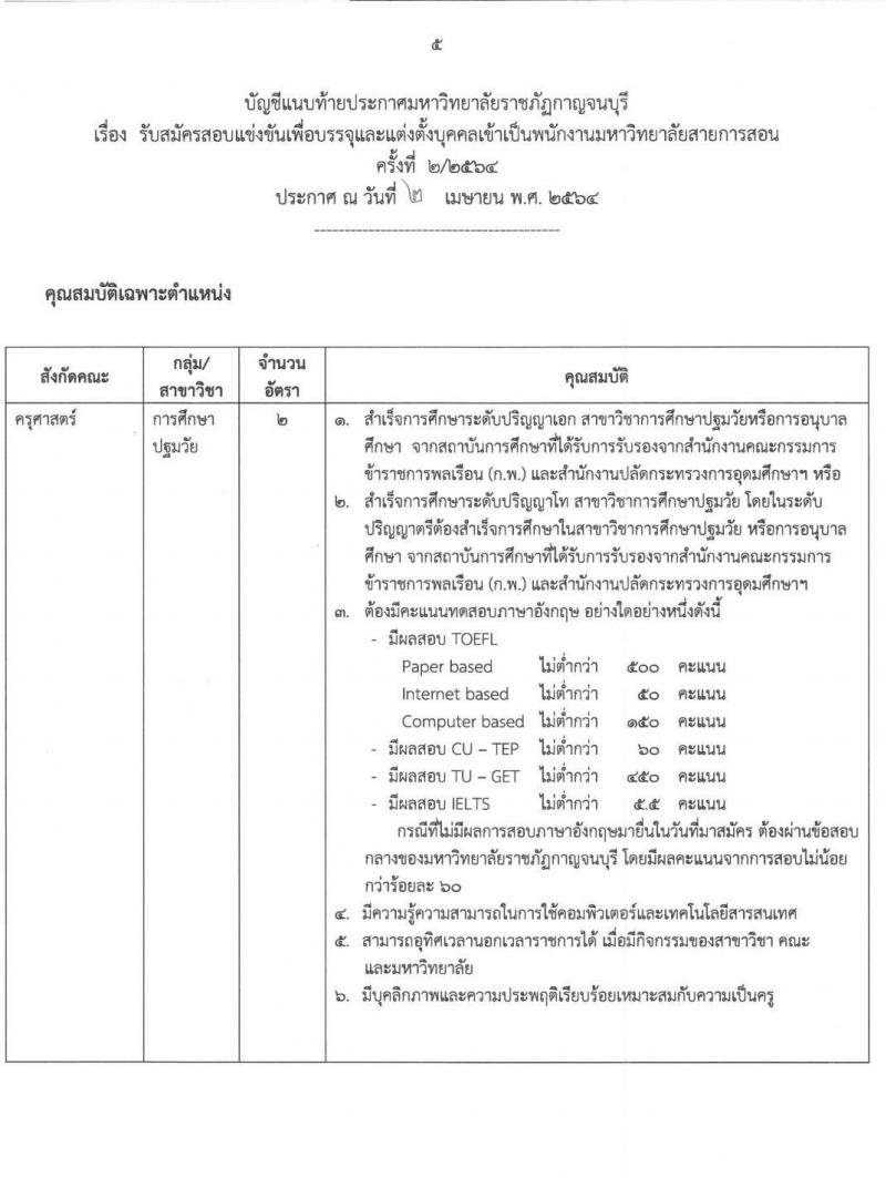 มหาวิทยาลัยราชภัฏกาญจนบุรี รับสมัครสอบแข่งขันเพื่อบรรจุและแต่งตั้งบุคคลเข้าเป็นพนักงานมหาวิทยาลัยสายการสอน จำนวน 5 ตำแหน่ง 7 อัตรา (วุฒิ ป.โท ป.เอก) รับสมัครสอบตั้งแต่วันที่ 20-28 เม.ย. 2564