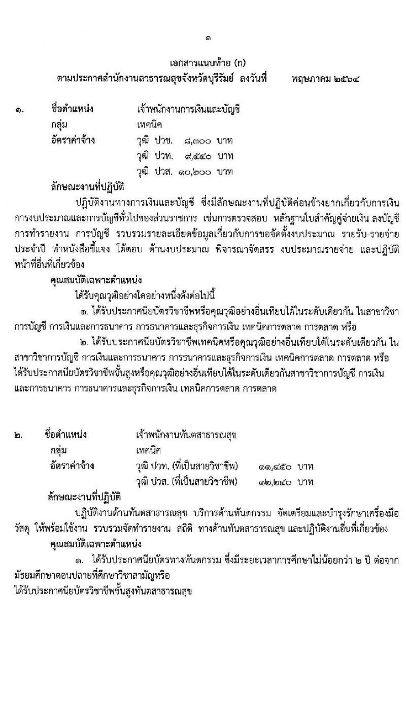 สำนักงานสาธารณสุขจังหวัดบุรีรัมย์ รับสมัครบุคคลเพื่อสรรหาและเลือกสรรเป็นพนักงานราชการทั่วไป จำนวน 30 ตำแหน่ง ครั้งแรก 80 อัตรา (วุฒิ ม.3 ม.6 ปวช. ปวส. ป.ตรี) รับสมัครสอบตั้งแต่วันที่ 7-11 มิ.ย. 2564