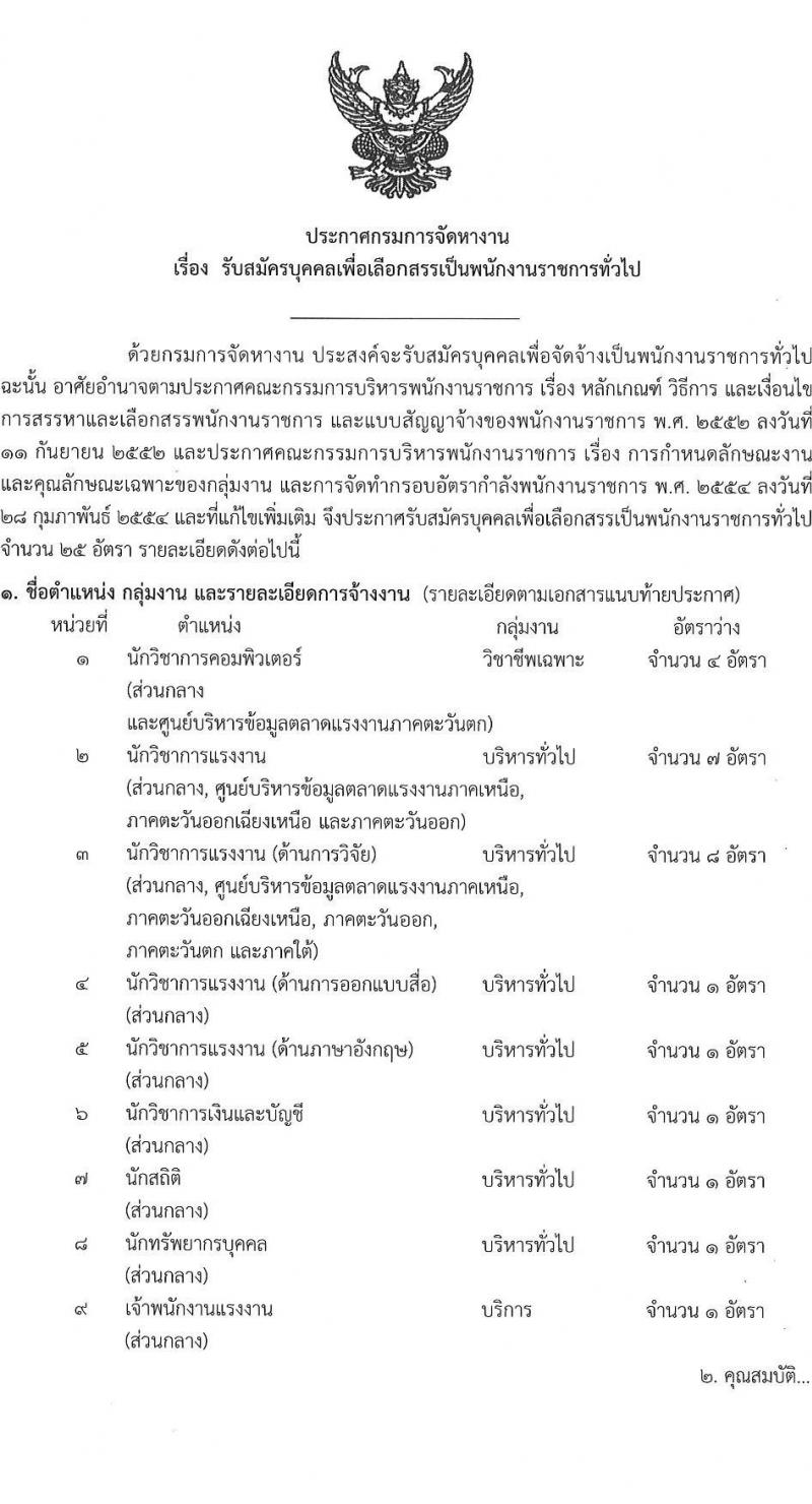 กรมการจัดหางาน รับสมัครบุคคลเพื่อเลือกสรรเป็นพนักงานราชการทั่วไป จำนวน 9 ตำแหน่ง 25 อัตรา (วุฒิ ปวส. ป.ตรี) รับสมัครสอบทางอินเทอร์เน็ต ตั้งแต่วันที่ 7-11 มิ.ย. 2546