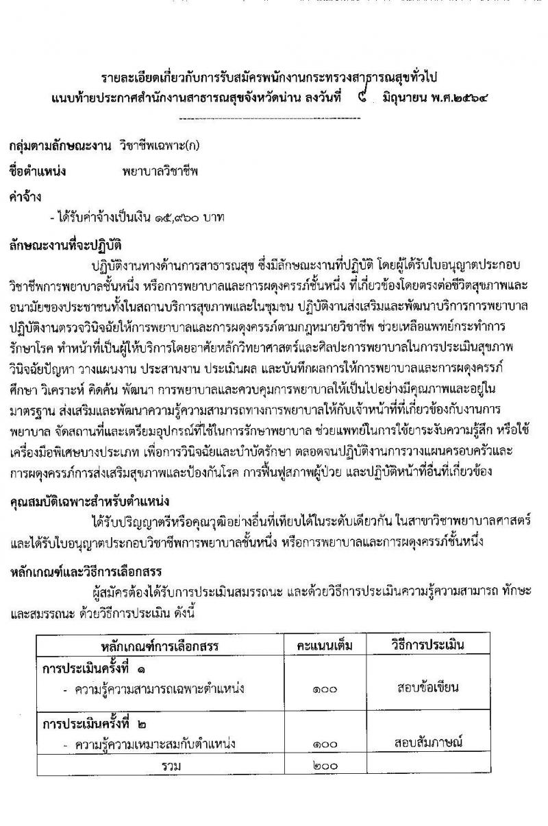 สาธารณสุขจังหวัดน่าน รับสมัครบุคคลเพื่อสรรหาและเลือกสรรเป็นพนักงานกระทรวงสาธารณสุขทั่วไป จำนวน 14 ตำแหน่ง 24 อัตรา (วุฒิ ม.ต้น ม.ปลาย ปวช. ปวส. ป.ตรี) รับสมัครสอบตั้งแต่วันที่ 14-18 มิ.ย. 2564