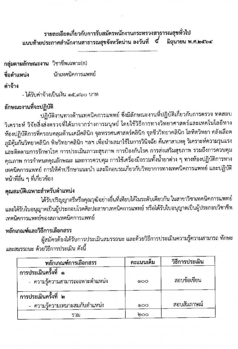สาธารณสุขจังหวัดน่าน รับสมัครบุคคลเพื่อสรรหาและเลือกสรรเป็นพนักงานกระทรวงสาธารณสุขทั่วไป จำนวน 14 ตำแหน่ง 24 อัตรา (วุฒิ ม.ต้น ม.ปลาย ปวช. ปวส. ป.ตรี) รับสมัครสอบตั้งแต่วันที่ 14-18 มิ.ย. 2564