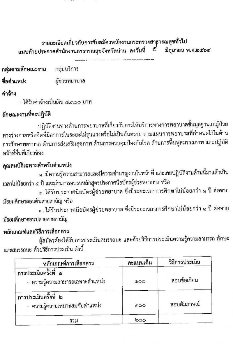สาธารณสุขจังหวัดน่าน รับสมัครบุคคลเพื่อสรรหาและเลือกสรรเป็นพนักงานกระทรวงสาธารณสุขทั่วไป จำนวน 14 ตำแหน่ง 24 อัตรา (วุฒิ ม.ต้น ม.ปลาย ปวช. ปวส. ป.ตรี) รับสมัครสอบตั้งแต่วันที่ 14-18 มิ.ย. 2564