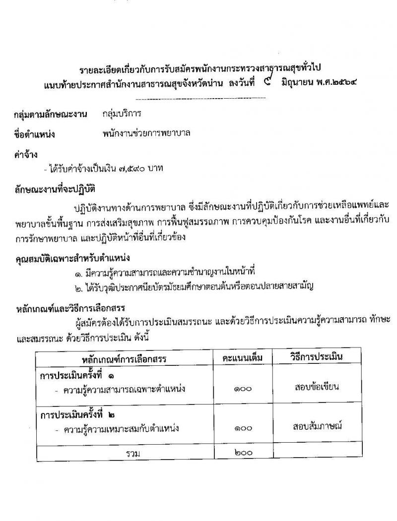 สาธารณสุขจังหวัดน่าน รับสมัครบุคคลเพื่อสรรหาและเลือกสรรเป็นพนักงานกระทรวงสาธารณสุขทั่วไป จำนวน 14 ตำแหน่ง 24 อัตรา (วุฒิ ม.ต้น ม.ปลาย ปวช. ปวส. ป.ตรี) รับสมัครสอบตั้งแต่วันที่ 14-18 มิ.ย. 2564