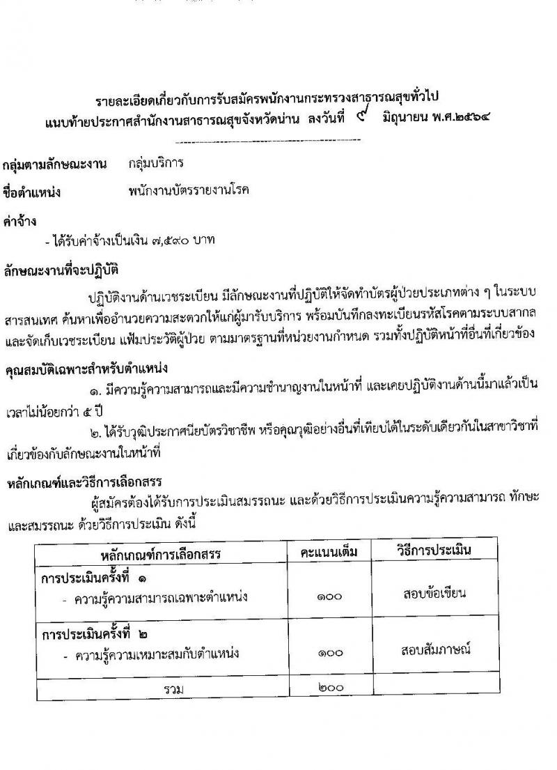 สาธารณสุขจังหวัดน่าน รับสมัครบุคคลเพื่อสรรหาและเลือกสรรเป็นพนักงานกระทรวงสาธารณสุขทั่วไป จำนวน 14 ตำแหน่ง 24 อัตรา (วุฒิ ม.ต้น ม.ปลาย ปวช. ปวส. ป.ตรี) รับสมัครสอบตั้งแต่วันที่ 14-18 มิ.ย. 2564