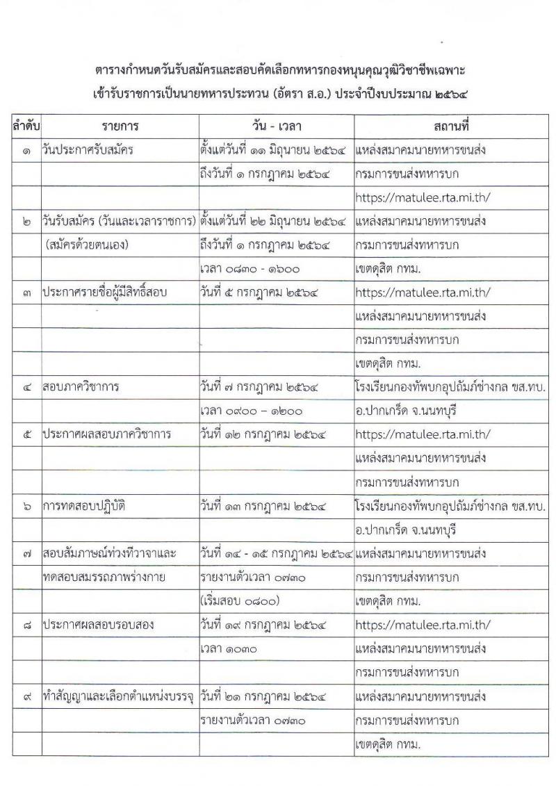 กรมการขนส่งทหารบก รับสมัครทหารกองหนุนคุณวุฒิวิชาชีพเฉพาะ เข้ารับราชการเป็นนายทหารประทวน (อัตรา ส.อ.) ประจำปี 2564 จำนวน 50 อัตรา (วุฒิ ม.6 ปวช.) รับสมัครสอบตั้งแต่วันที่ 22 มิ.ย. – 1 ก.ค. 2564