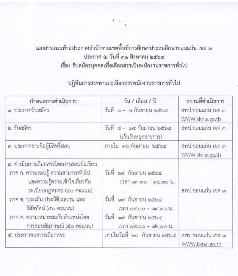 สำนักงานเขตพื้นที่การศึกษาประถมศึกษาขอนแก่นเขต 3 รับสมัครบุคคลเพื่อเลือกสรรเป็นพนักงานราชการทั่วไป จำนวน 2 อัตรา (วุฒิ ปวส. ป.ตรี) รับสมัครสอบตั้งแต่วันที่ 8-14 ก.ย. 2564