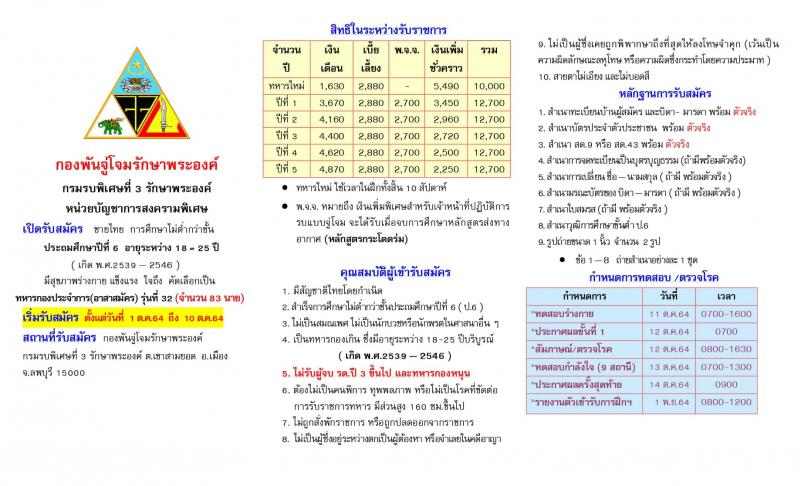 กองพันจู่โจมรักษาพระองค์ กรมรบพิเศษที่ 3 รักษาพระองค์ รับสมัครบุคคลเพศชาย การศึกษาไม่ต่ำกว่า ป.6 เพื่อเป็นทหารกองประจำการ (อาสาสมัคร) จำนวน 83 นาย รับสมัครตั้งแต่วันที่ 1-10 ต.ค. 2564